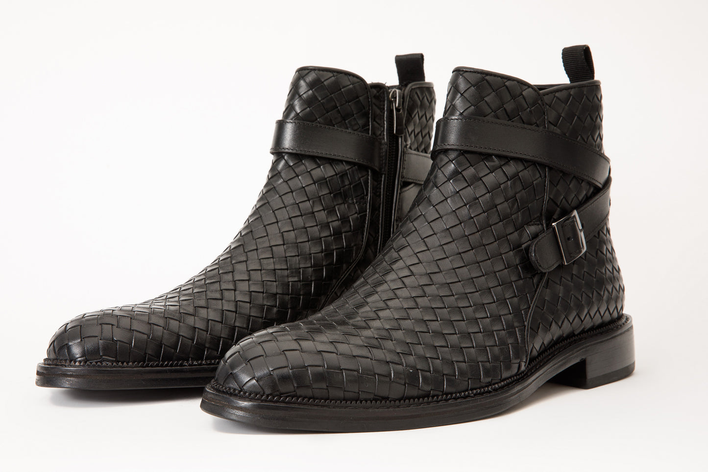 The Morral Black Handwoven Leather Cross Strap Buckle Zip-Up Men Boot