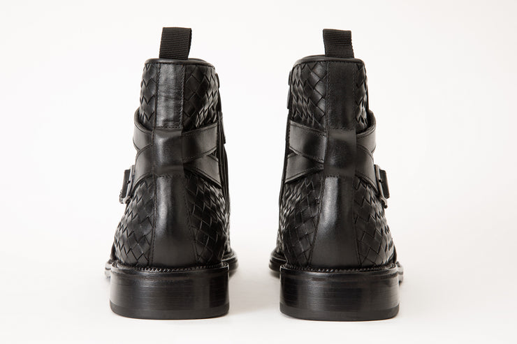 The Morral Black Handwoven Leather Cross Strap Buckle Zip-Up Boot