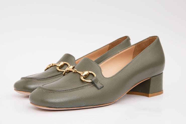 The Delhi Green Leather Block Heel Pump