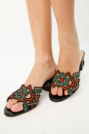 The Palma Black Glitter Leather Block Heel Sandal