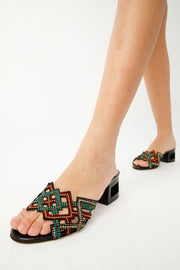 The Palma Black Glitter Leather Block Heel Sandal