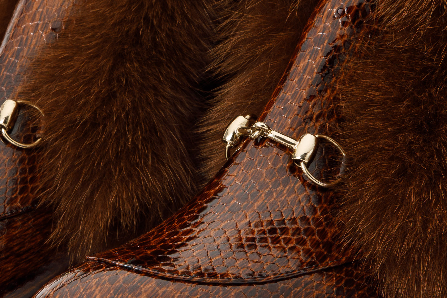 The Izmir Brown Patent Leather Natural Fur Mid Calf Women Boot
