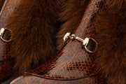 The Izmir Brown Patent Leather Natural Fur Mid Calf Boot