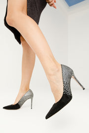 The Bago Black & Silver Glitter Leather Pump