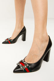 The Afega Black Leather Block Heel Pump