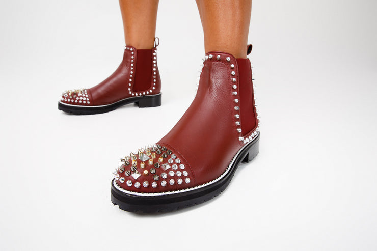The Vuvulane Burgundy Spike Leather Ankle Boot