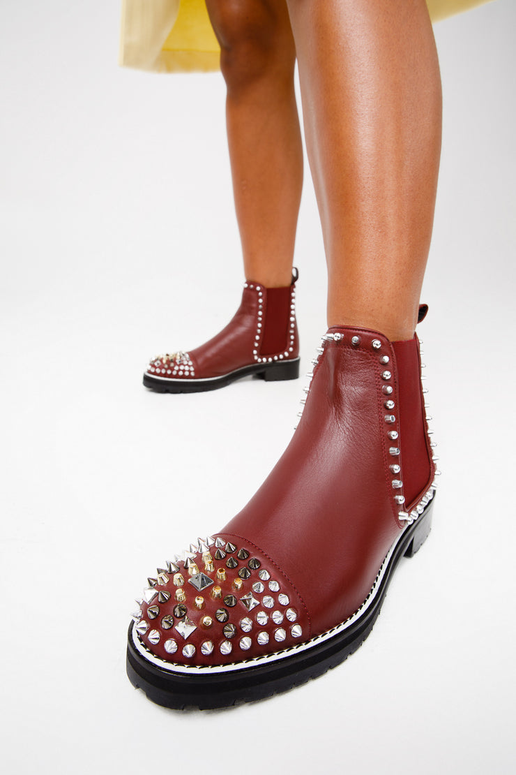 The Vuvulane Burgundy Spike Leather Ankle Boot