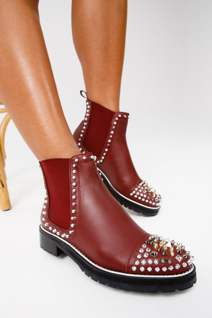 The Vuvulane Burgundy Spike Leather Ankle Boot