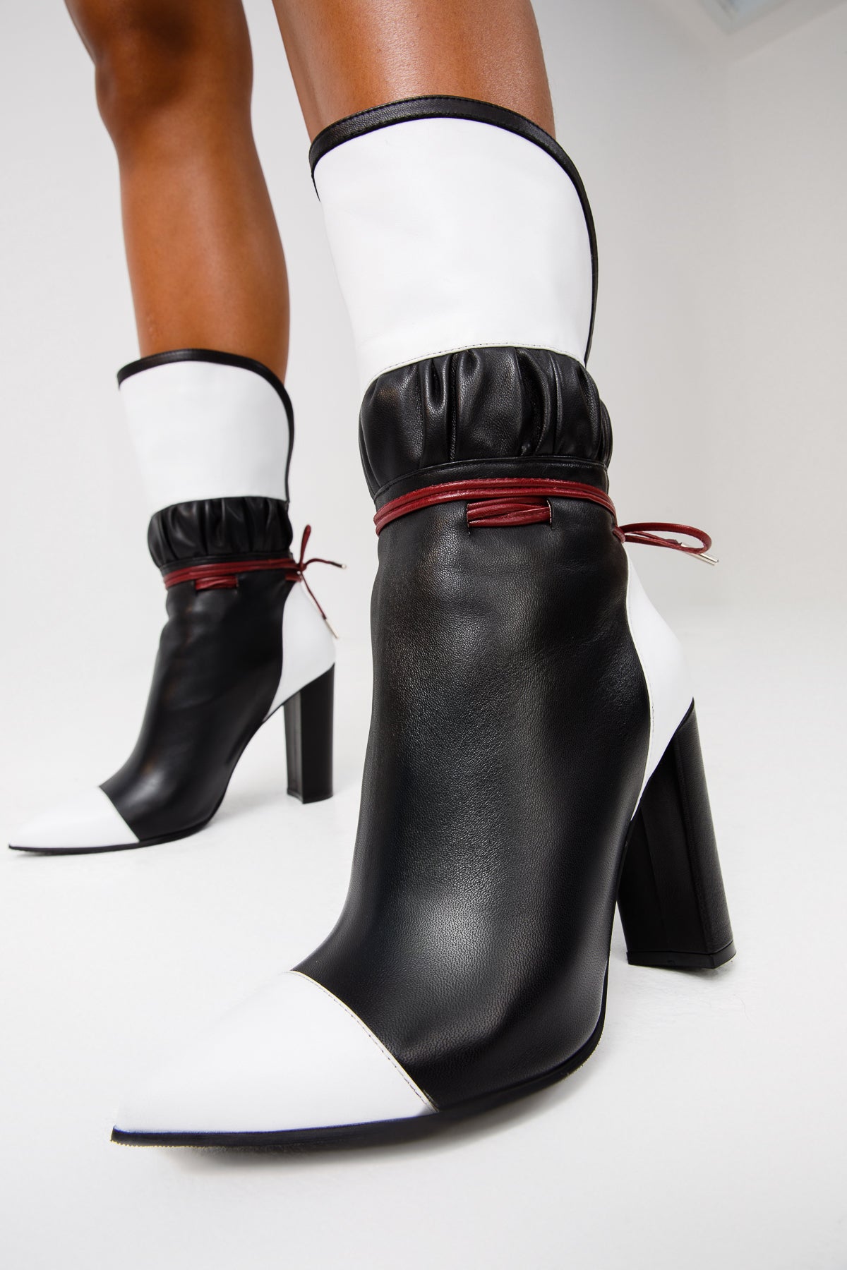 The Lucca Black & White Leather Mid Calf High Heel Women Boot Limited Edition