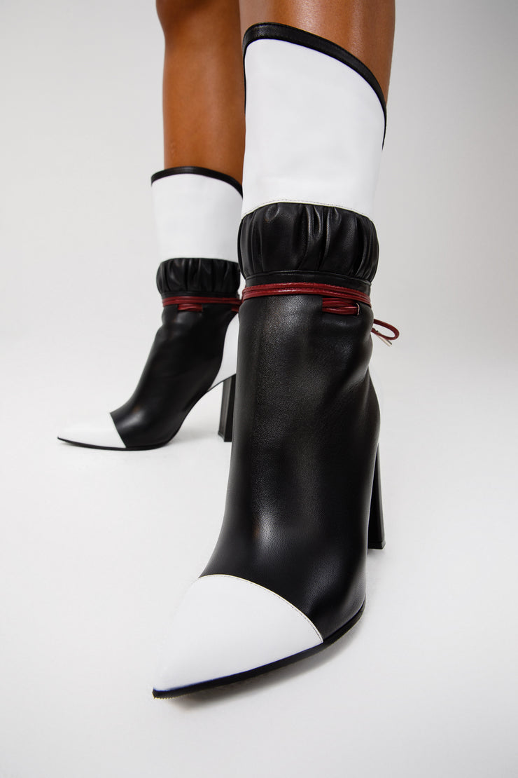 The Lucca Black & White Leather Mid Calf High Heel Boot Limited Edition