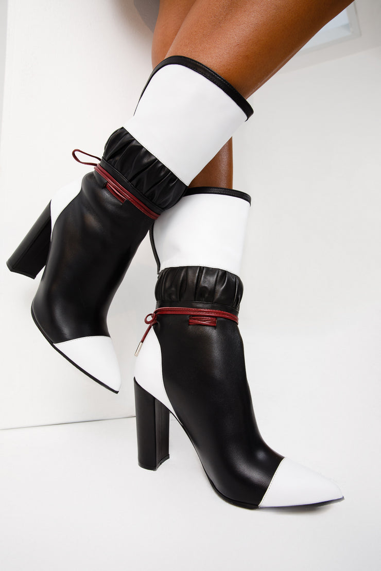 The Lucca Black & White Leather Mid Calf High Heel Boot Limited Edition