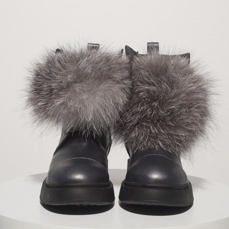 The Kajapati Grey Leather Natural Fur Mid Calf Boot