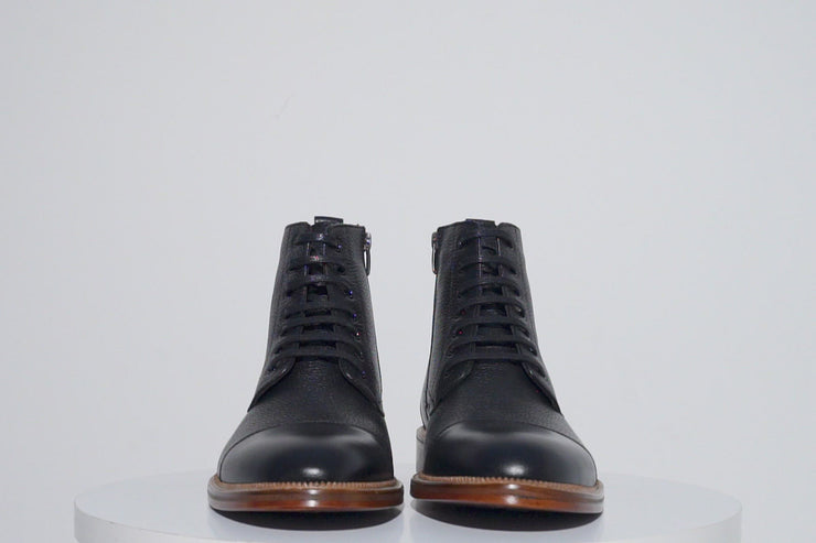 The Bothey Black Leather Cap-Toe Lace-up Boot with a Zipper