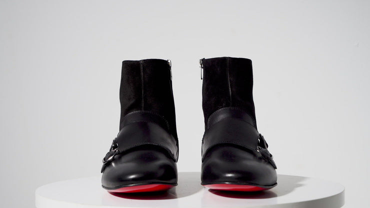 Preston Black Leather & Suede Double Monk Strap Ankle Boot