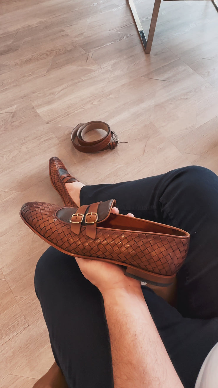 The Vatra Tan Woven Double Monk Strap Shoe