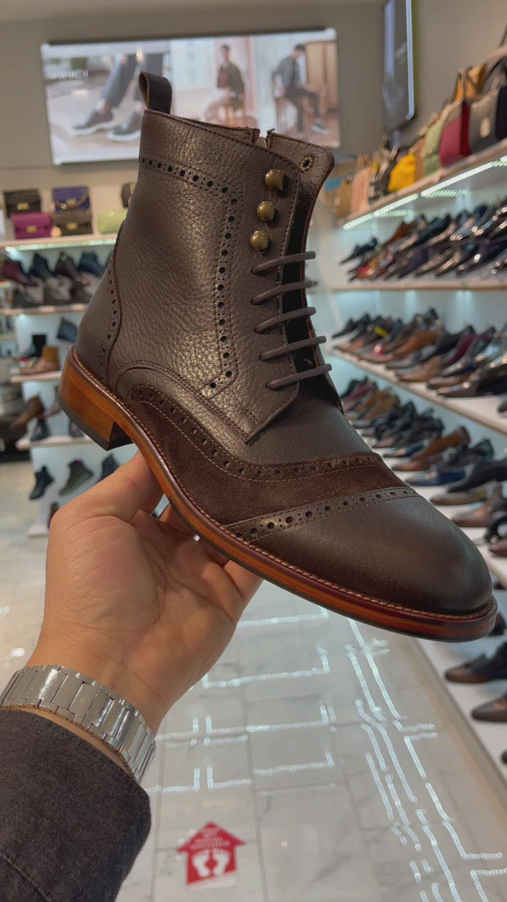 The Anderson Brown Leather & Suede Brogue Lace-Up Boot with a Zipper