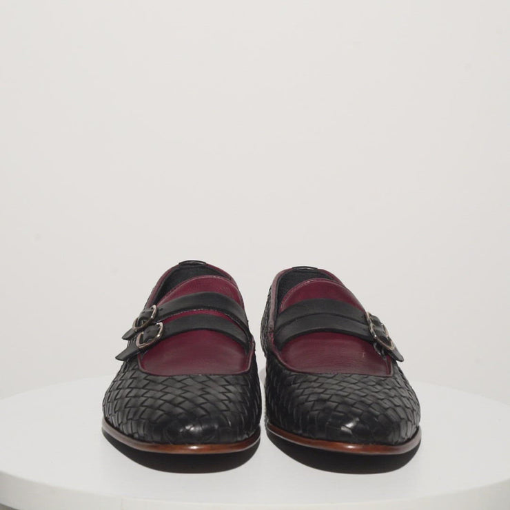 The Vatra Black Woven Double Monk Strap Shoe