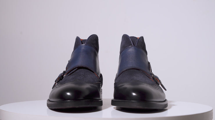 The Albus Navy Blue Leather & Suede Double Strap Monk Brogue Boot