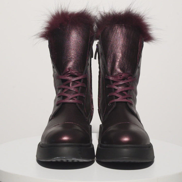 The Kajapati Burgundy Leather Natural Fur Mid Calf Boot