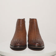 The Wellington Brown Handwoven Leather Boot with a Zipper
