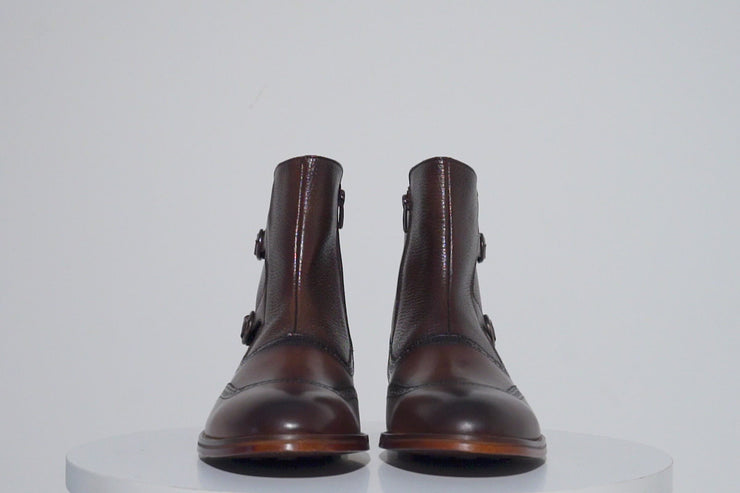 The Rand Brown Leather Double Buckle Brogue Boot with a Zipper