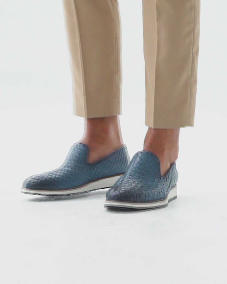 The Ostrava Blue Leather Woven Slip-on Loafer Shoe