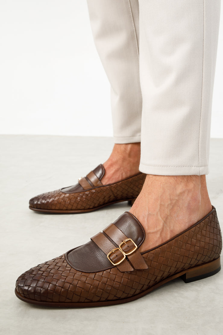 The Vatra Tan Woven Double Monk Strap Shoe