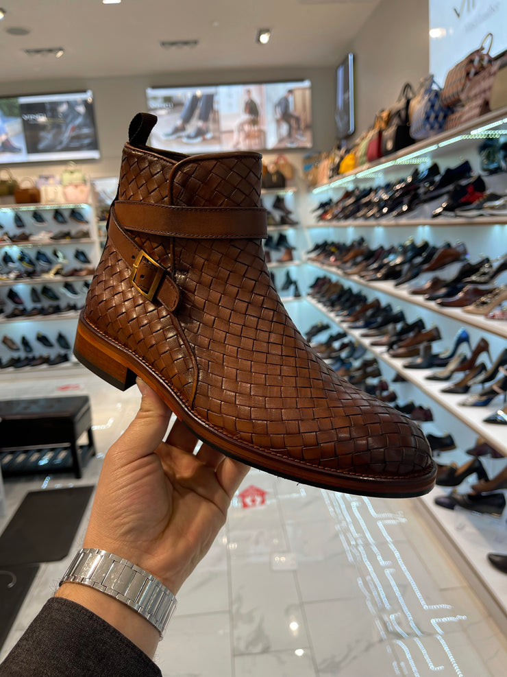 The Morral Tan Handwoven Leather Cross Strap Buckle Zip-Up Boot