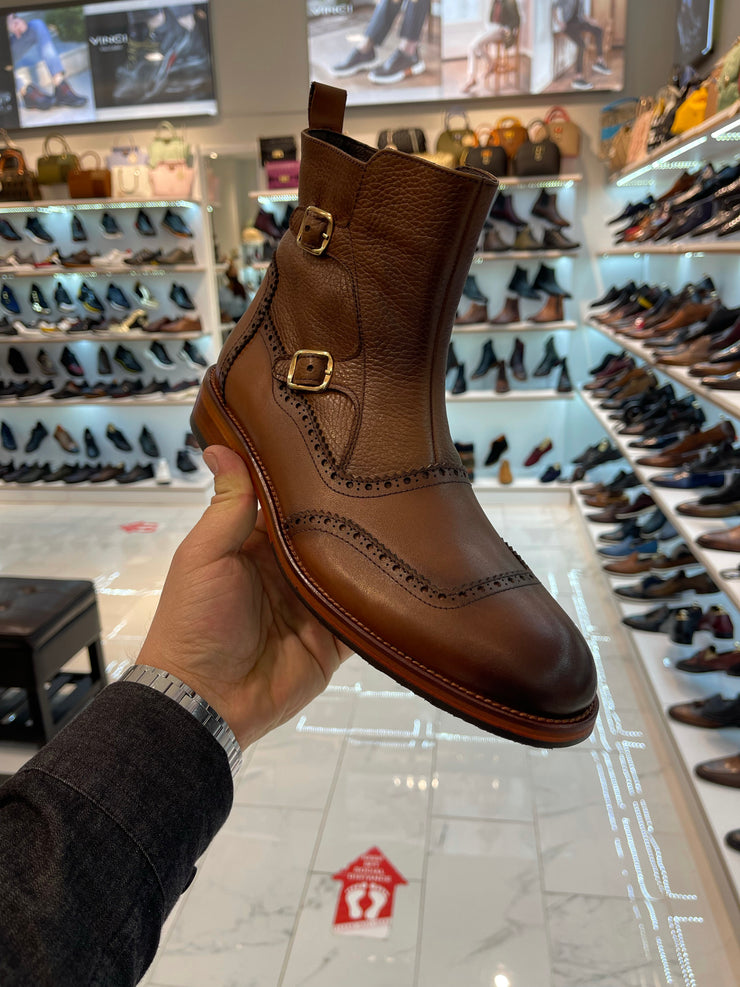 The Rand Brown Leather Double Buckle Brogue Boot with a Zipper