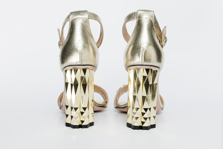 The Avlonya Block Heel Gold Leather Ankle Strap Sandal