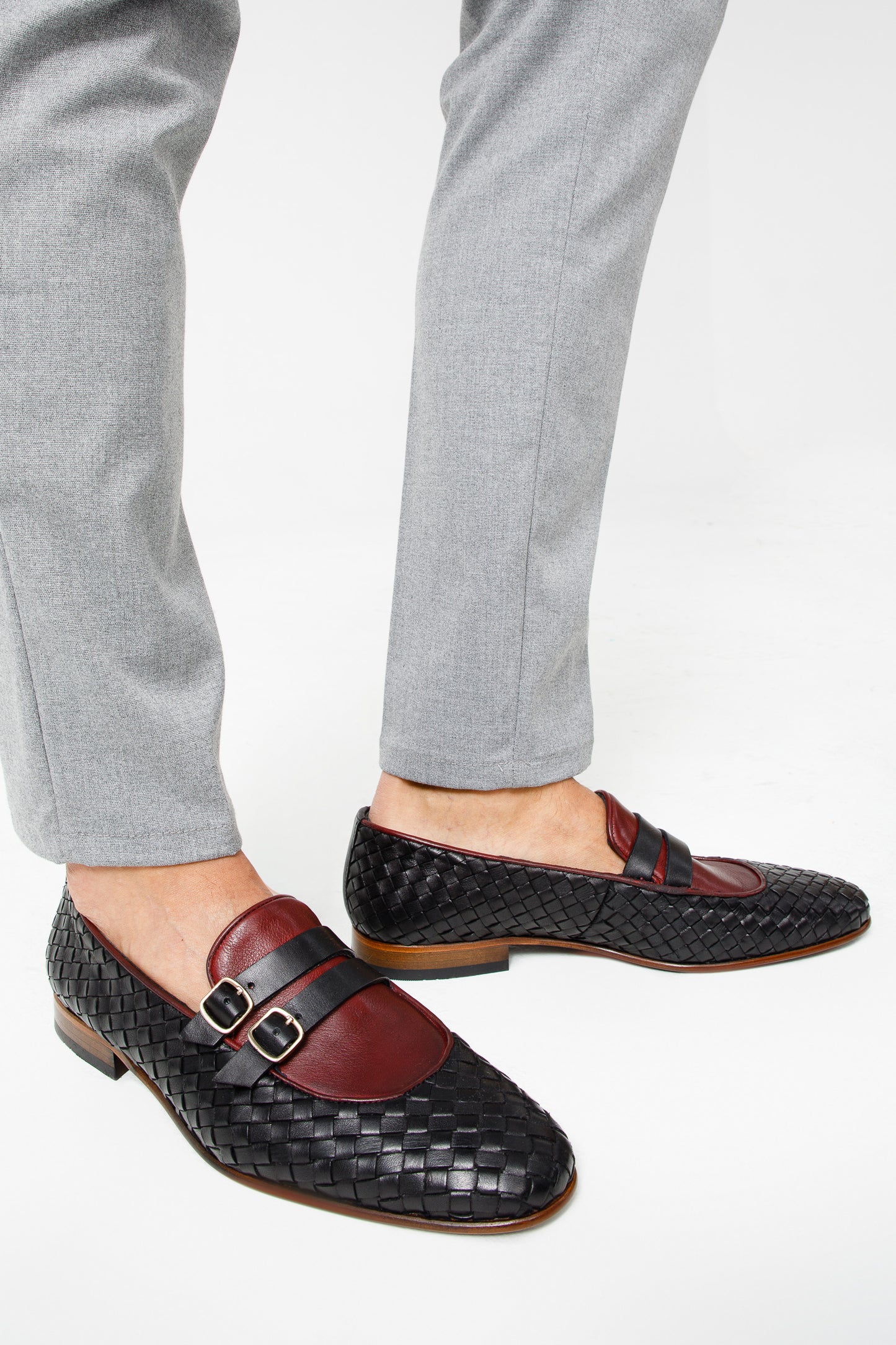 The Vatra Black & Burgundy Woven Double Monk Strap Men Shoe