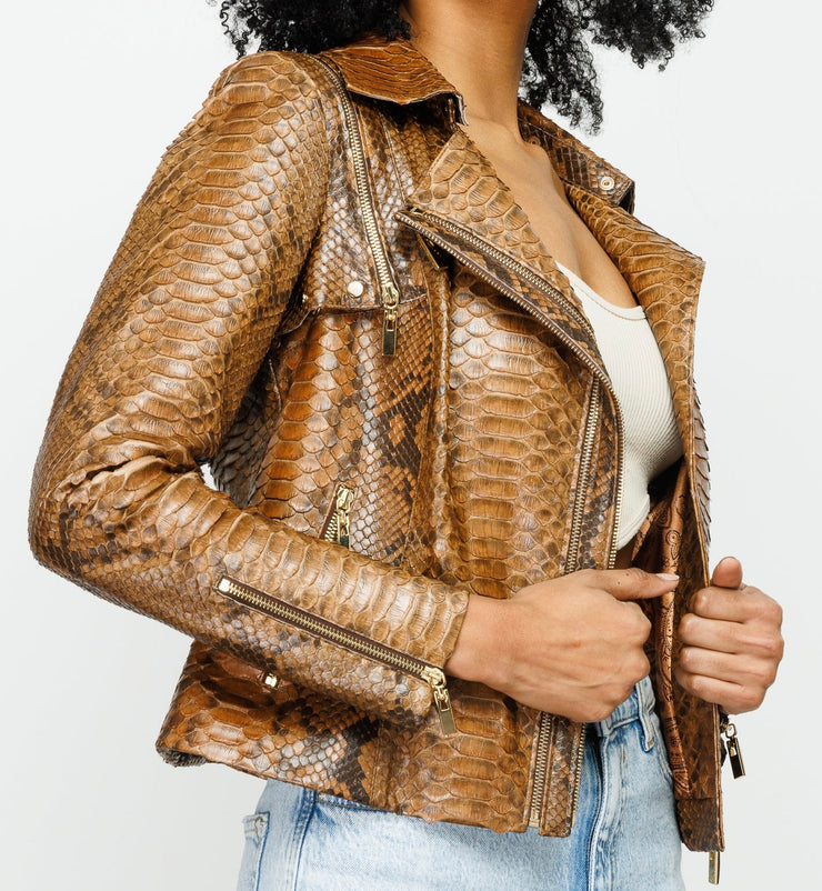QUEEN PYTHN SKIN LEATHER WOMEN JACKET TAN (15808-P)
