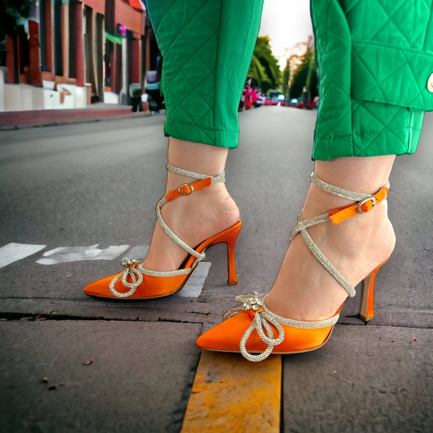 The Floransa Orange Leather Pointy Toe Ankle Strap Women Sandal