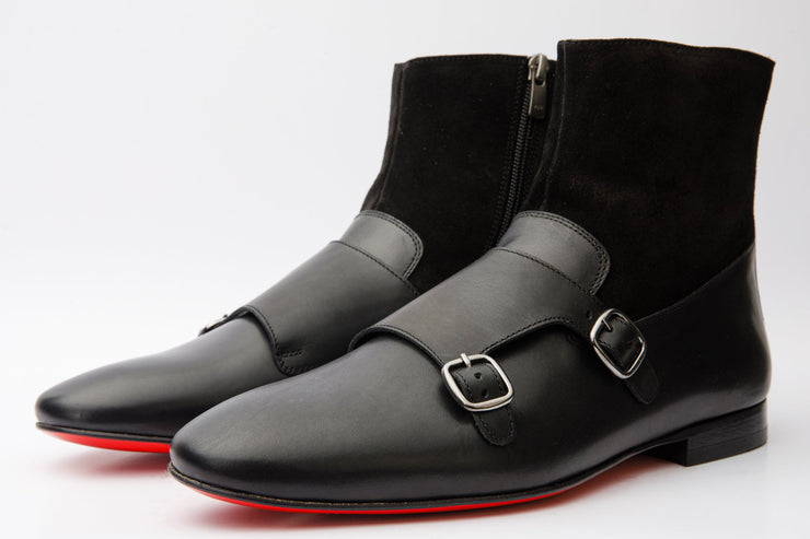 Preston Black Leather & Suede Double Monk Strap Ankle Boot