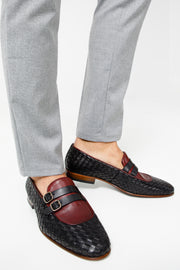 The Vatra Black Woven Double Monk Strap Shoe