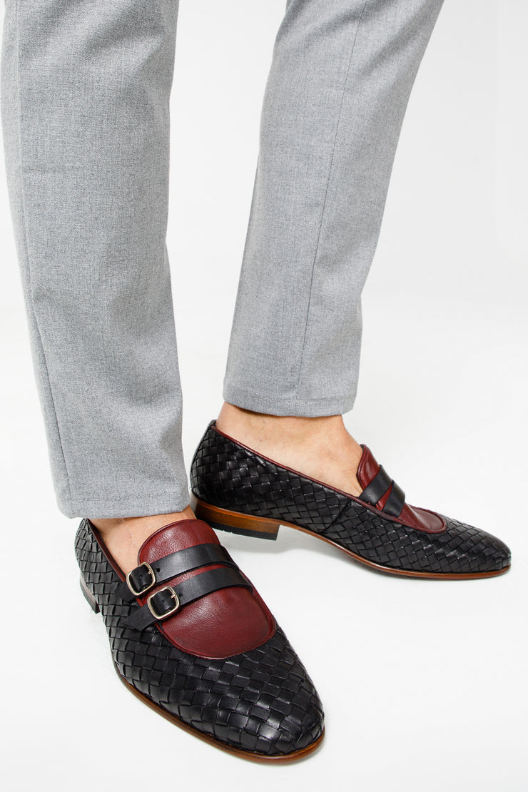 The Vatra Black Woven Double Monk Strap Shoe