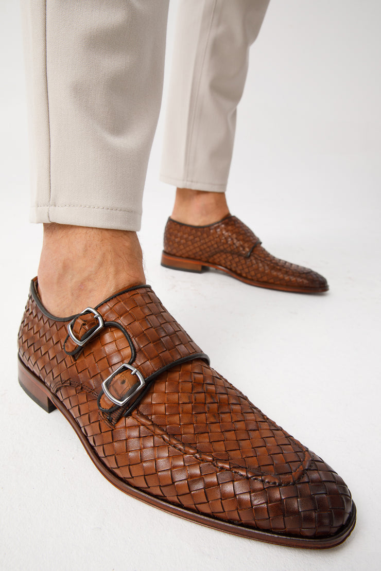 The Turan Brown Woven Double Monk Strap Dress Shoe