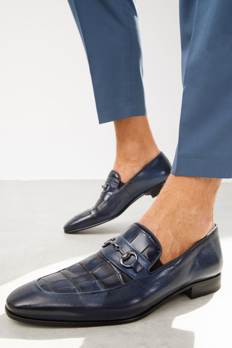 The Pusan Navy Blue Leather Bit Loafer Shoe