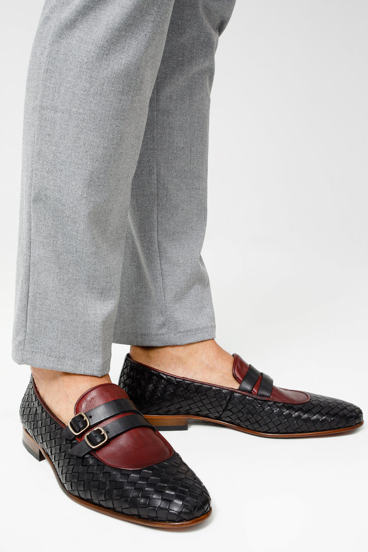 The Vatra Black Woven Double Monk Strap Shoe