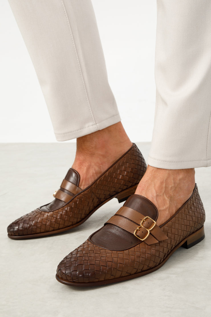 The Vatra Tan Woven Double Monk Strap Shoe