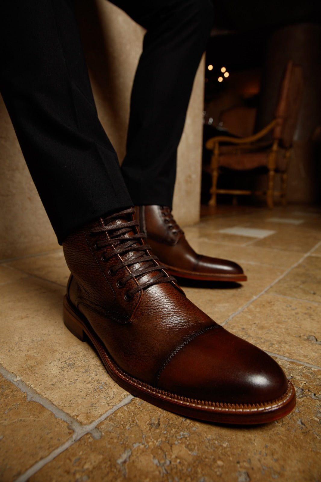The Bothey Brown Leather Cap-Toe Lace-up Men Boot with a Zipper