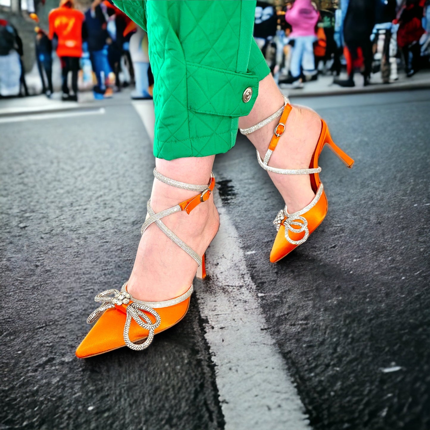 The Floransa Orange Leather Pointy Toe Ankle Strap Women Sandal