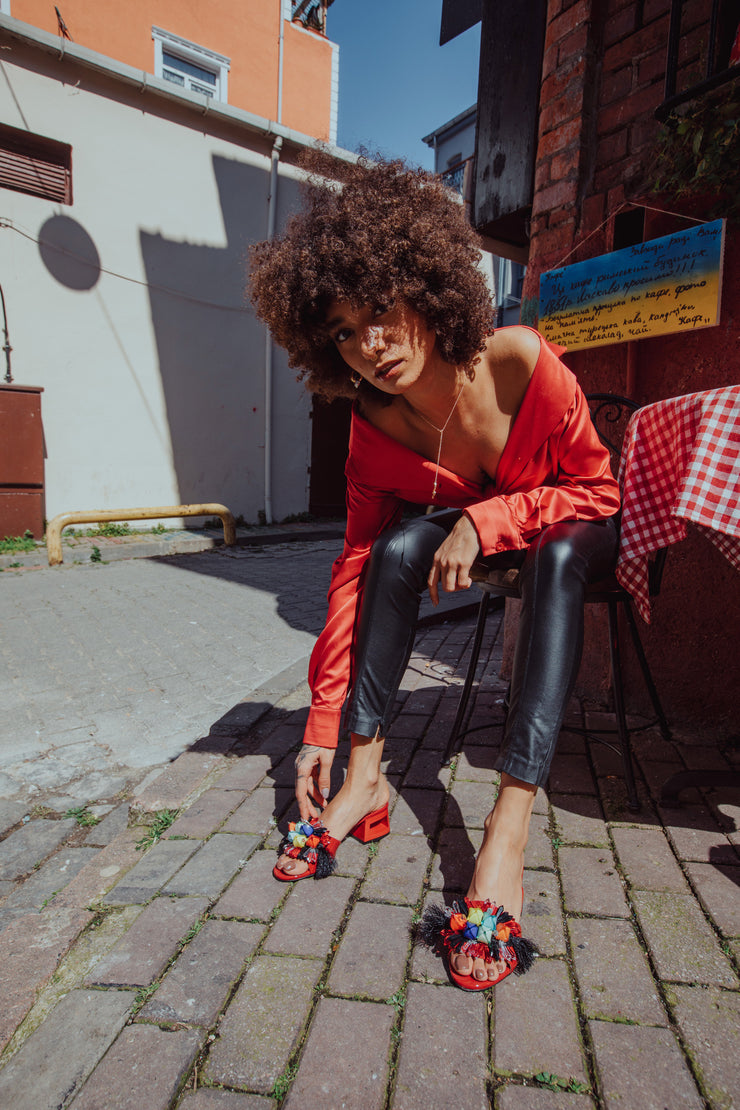 The Vigo Red Leather Block Heel Sandal
