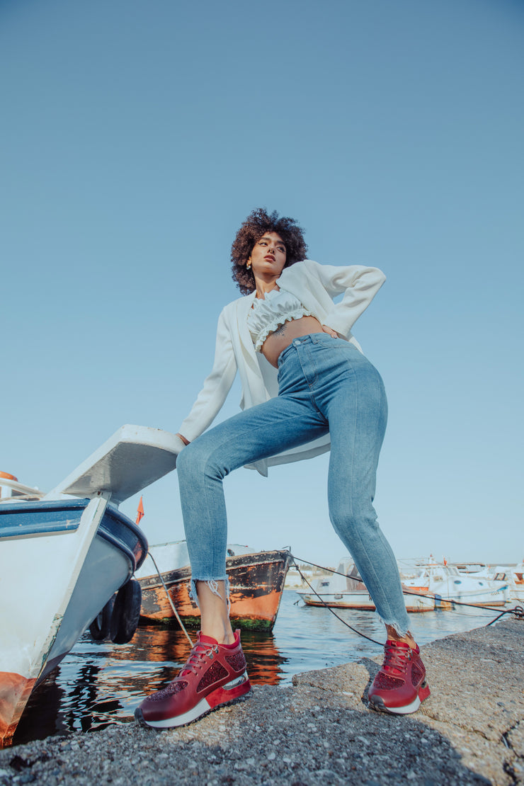The Sultan Burgundy Glitter Leather Sneaker