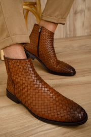 The Wellington Brown Handwoven Leather Boot with a Zipper