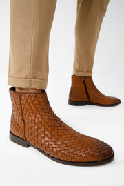 The Wellington Brown Handwoven Leather Boot with a Zipper