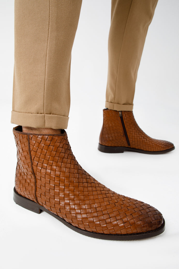 The Wellington Brown Handwoven Leather Boot with a Zipper