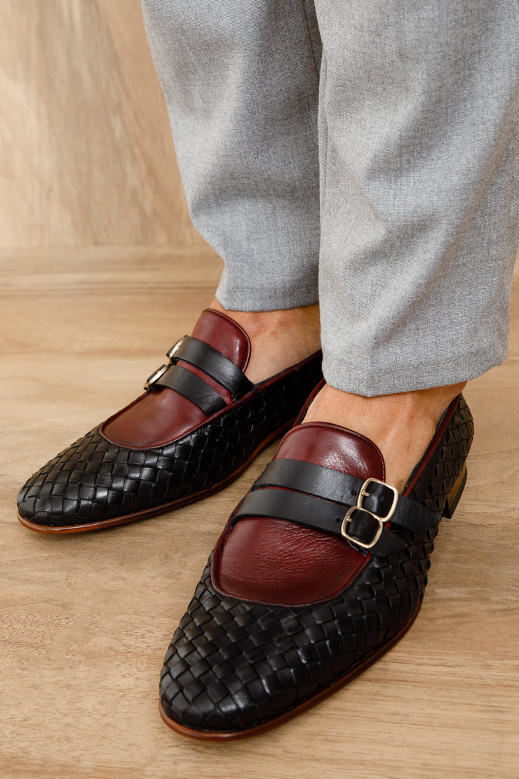 The Vatra Black Woven Double Monk Strap Shoe