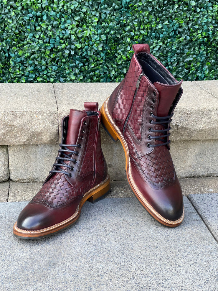 The Loddon Burgundy Leather Wingtip Brogue Handwoven Lace-Up Boot with a Zipper