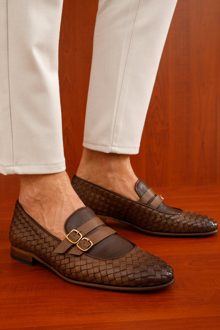 The Vatra Tan Woven Double Monk Strap Shoe